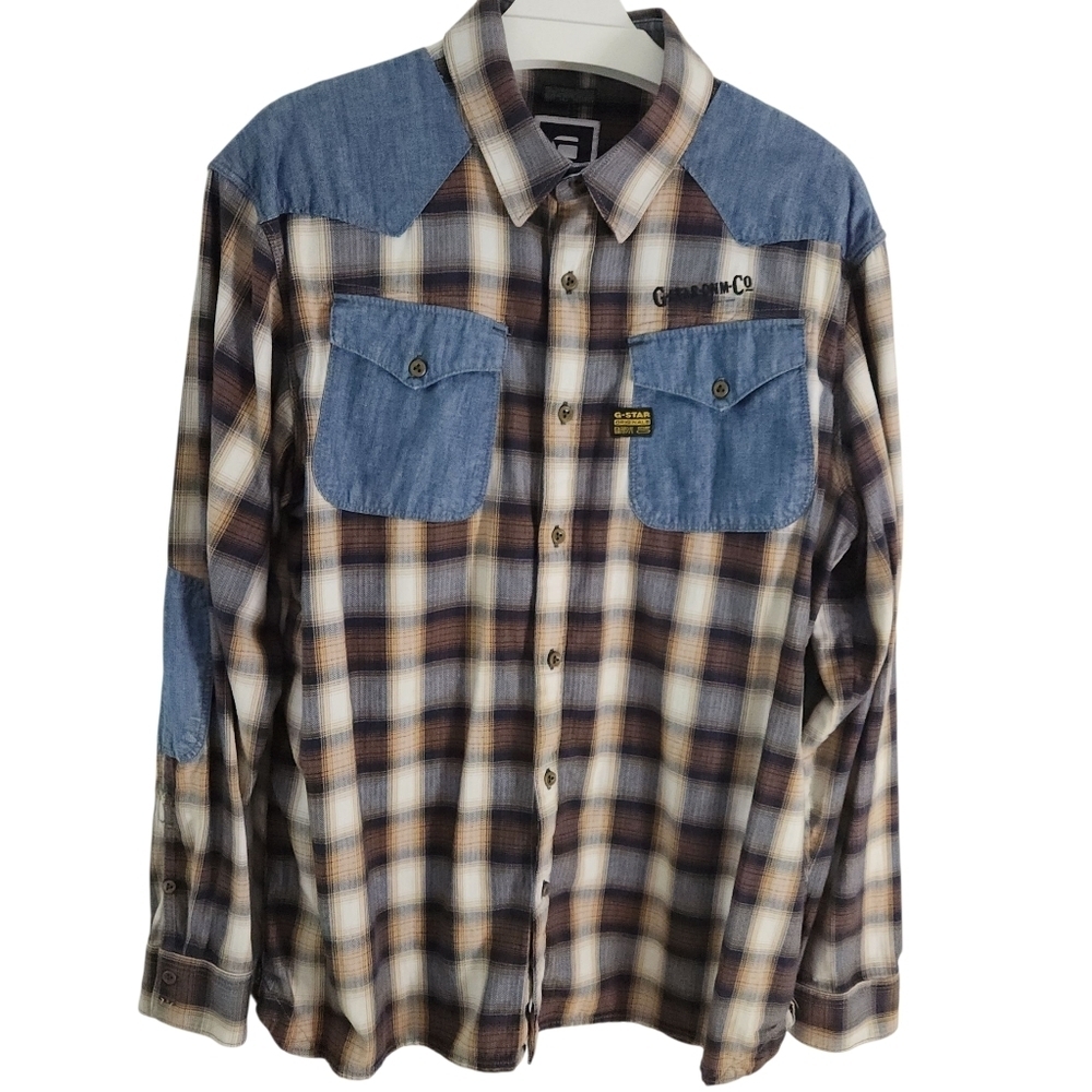 G-STAR RAW Plaid Denim Patch western cowboy Shirt brown blue xxl